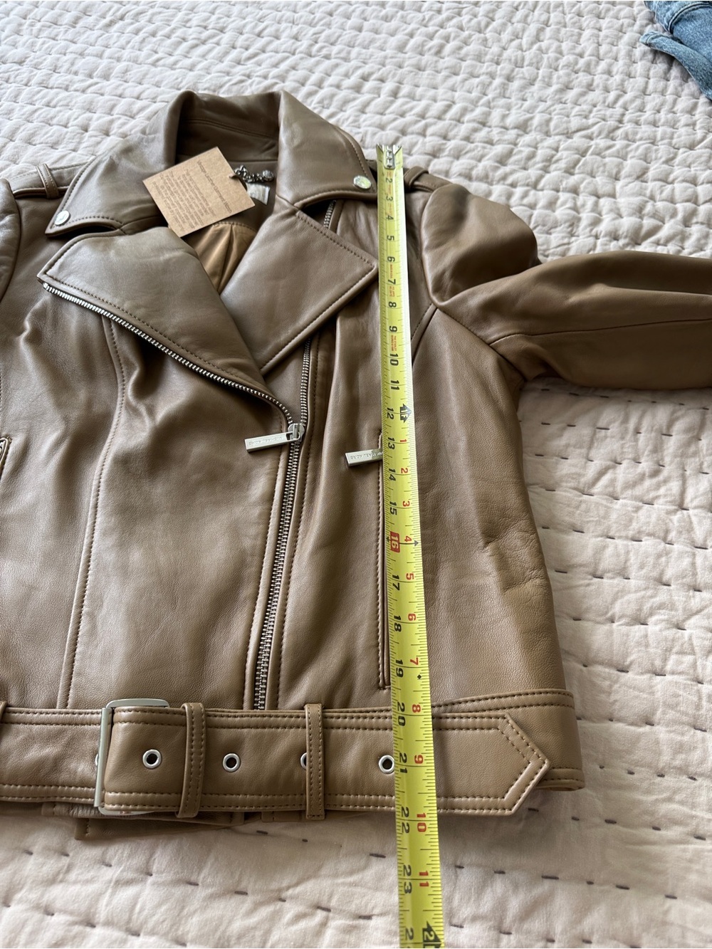 Michael Kors Women's Belted Leather Moto Coat Husk L NWT $480 - Picture 9 of 16